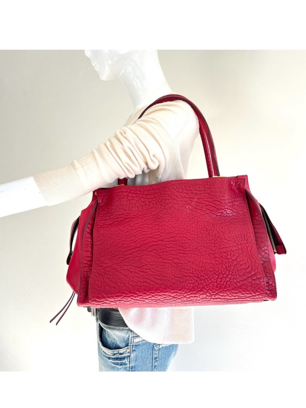CHLOE Dree Dark Red Pebbled Leather Gold Hardware Large Shoulder Bag Tote